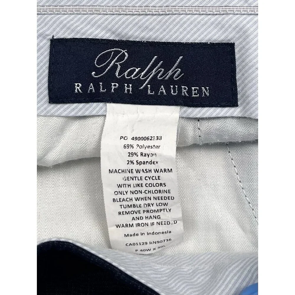 RALPH Ralph Lauren Mens 40x30 Navy Plaid Flat Front Straight PANTS Trousers EUC